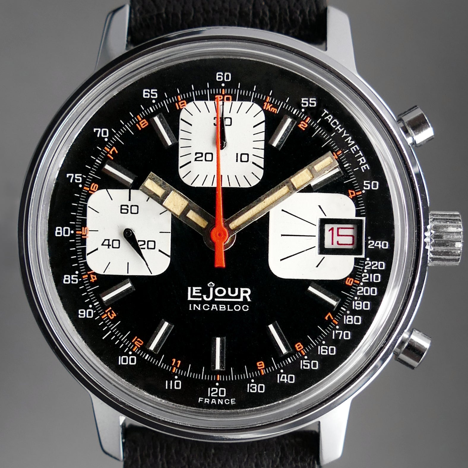 LeJour Monnin 38mm Reverse Panda 1970s Chronograph Watch – Timeplex