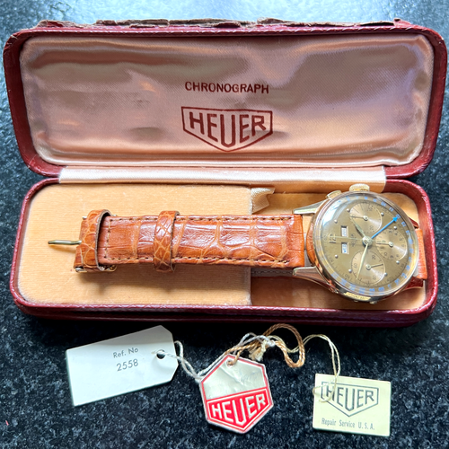 Heuer 2558 LNIB NIB NOS 18k Vintage Valjoux 72C Triple Date Chronograph Watch 1950s