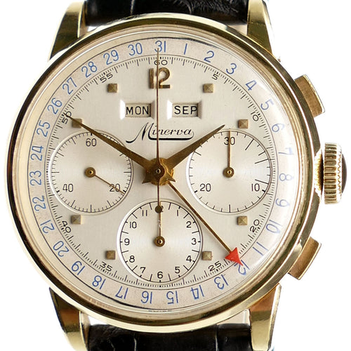 Minerva VF018 Solid Gold Triple Date Chronograph Watch