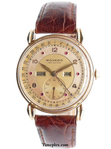 Movado 14K Gold Calendograph Ruby Dial Triple Date Calendar Watch Mens Vintage